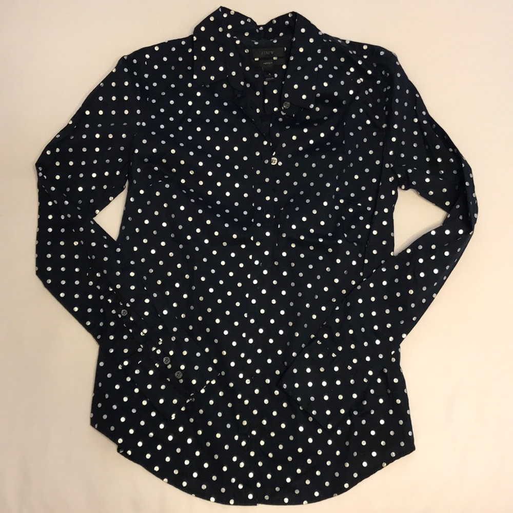 J. Crew Navy Button Down Silver Polka Dot. 0.